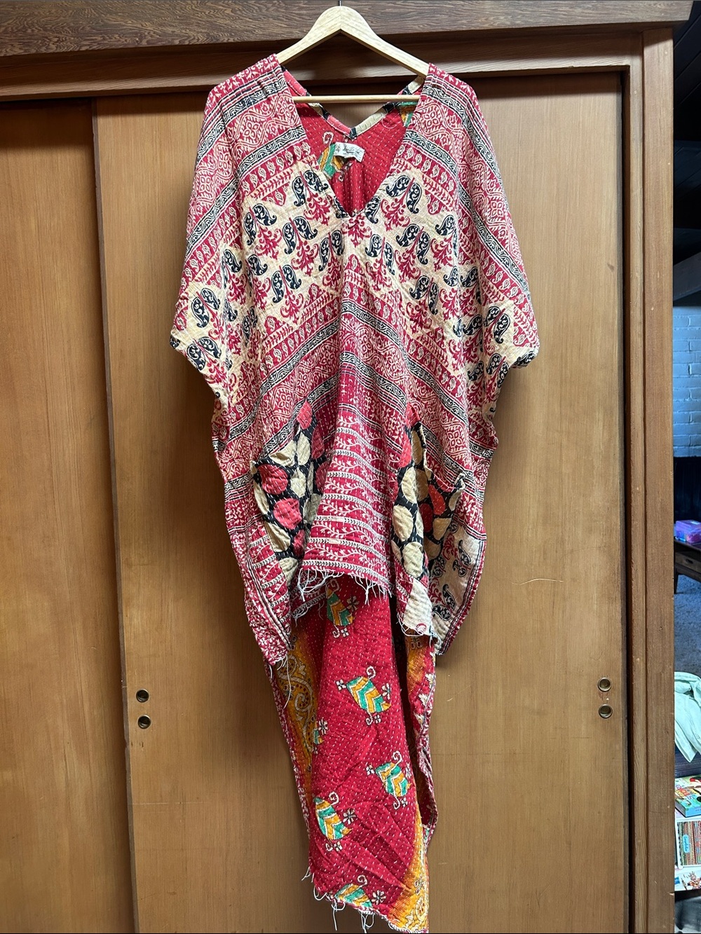 Kantha Bae Red Boho Printed V-Neck hi-lo tunic